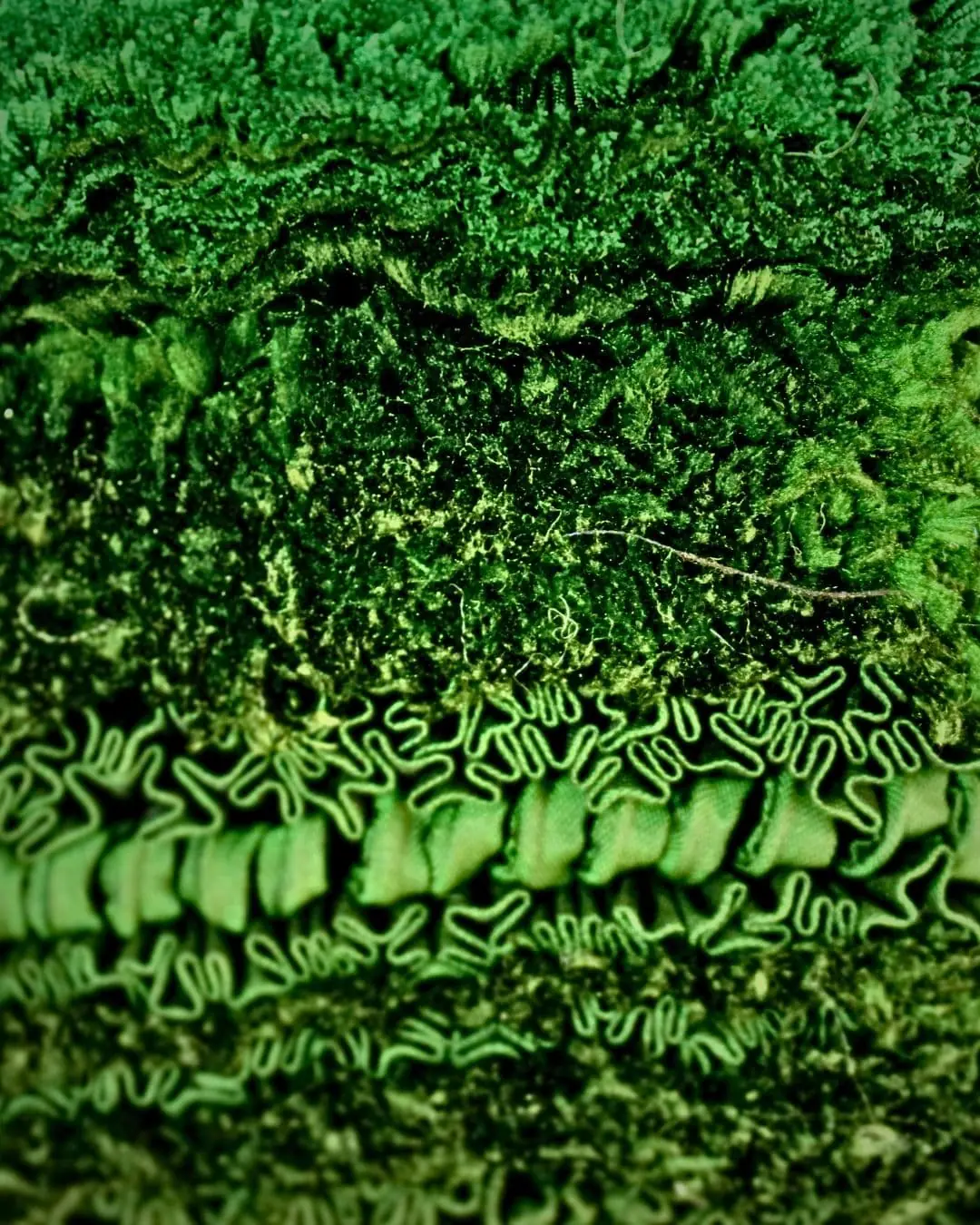A close up of a textile artwork made of textured green layers in various recycled materials