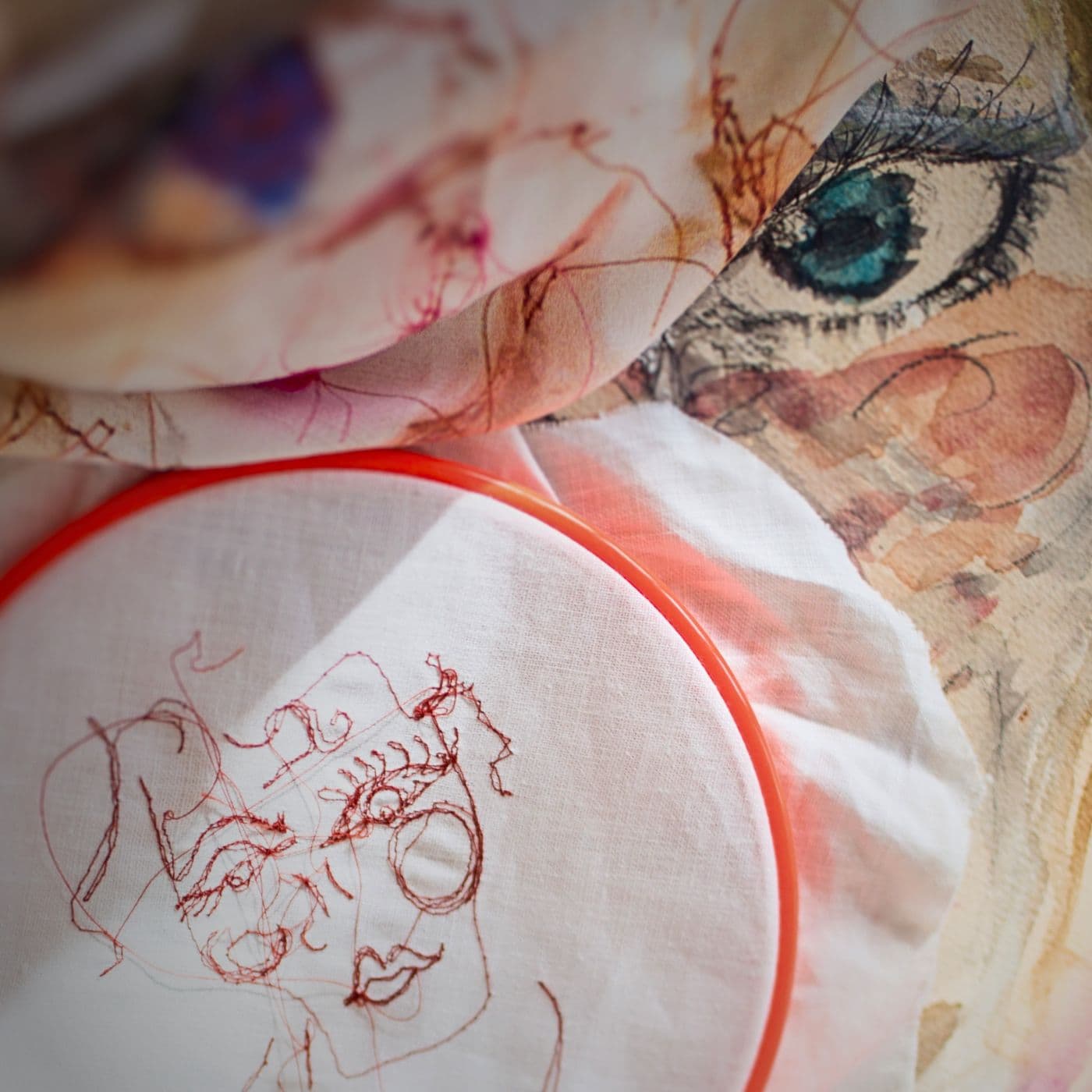 A stitched portrait of a woman's face