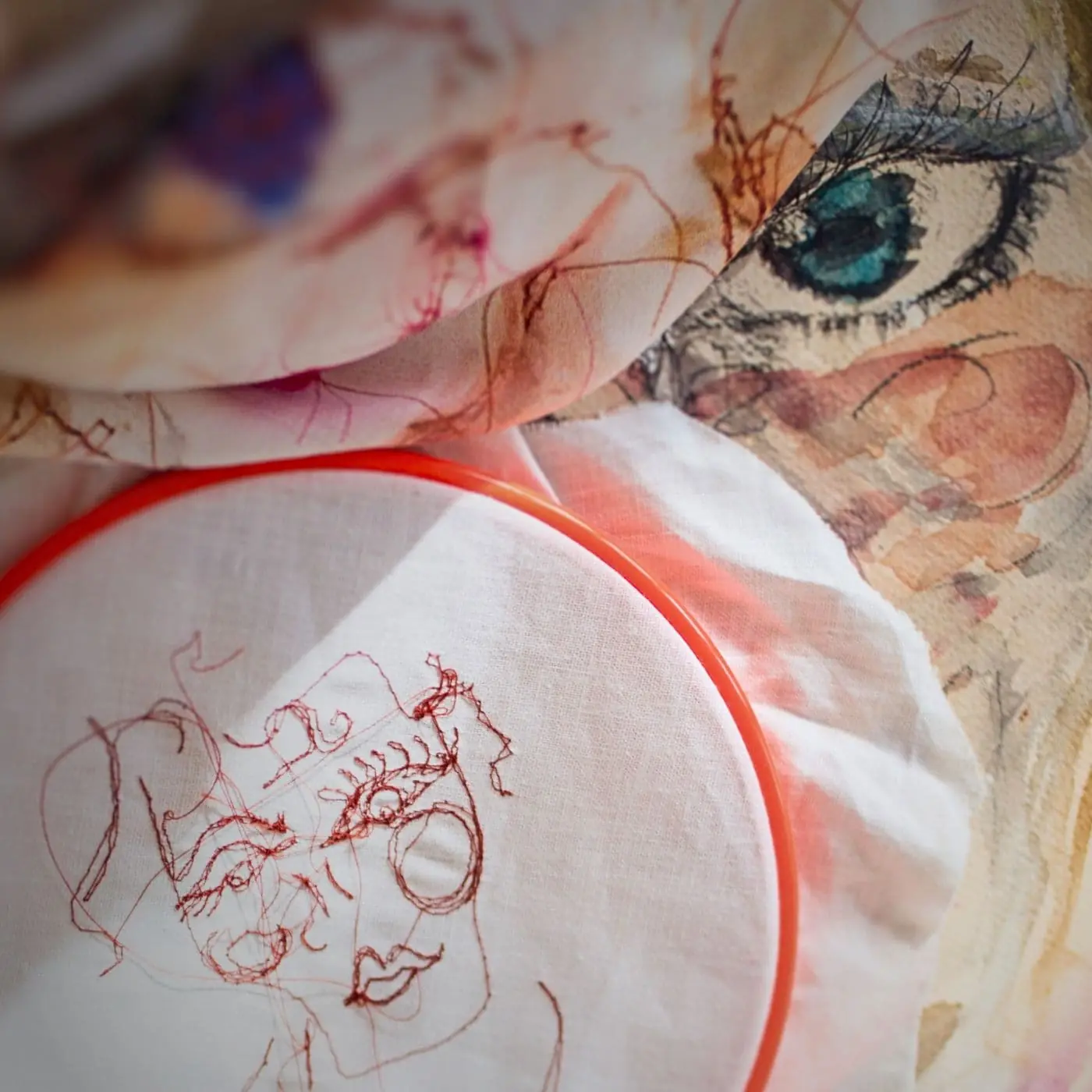 A stitched portrait of a woman's face