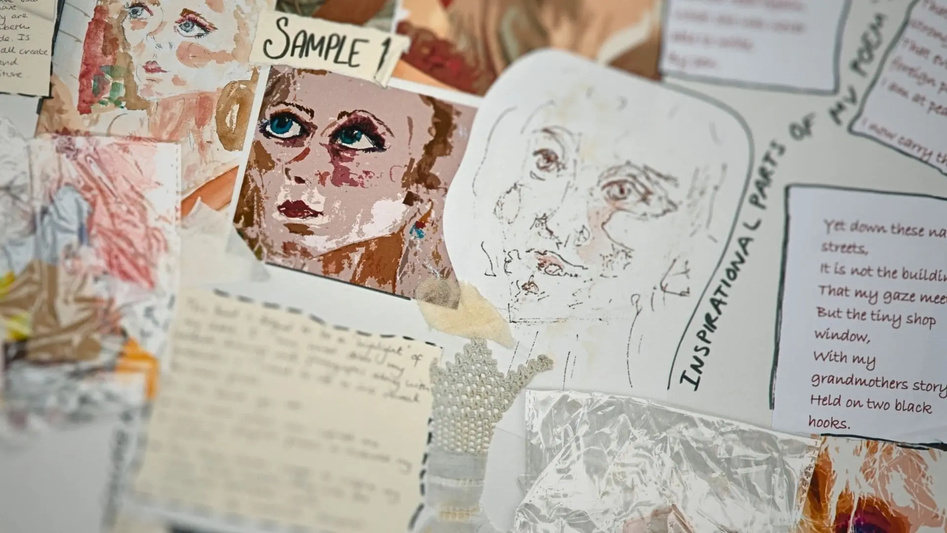 a close-up of a watercolour drawing of a collage of pictures