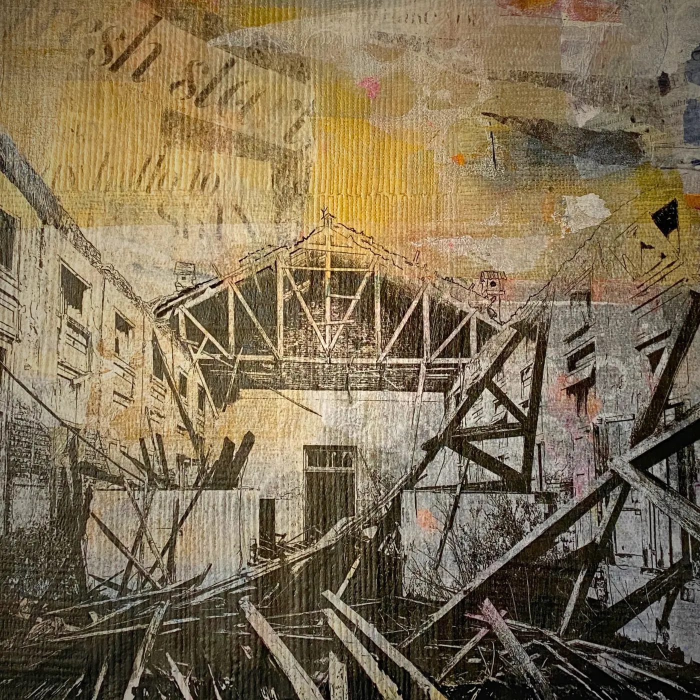 Abandoned building with collapsed structure on a textured collage background.