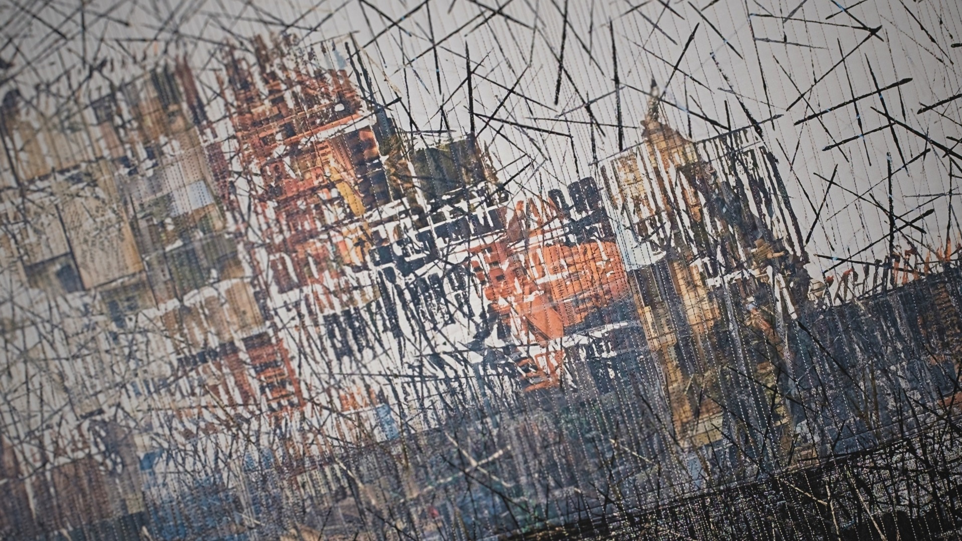 Abstract urban landscape with textured stitch scaffolding.