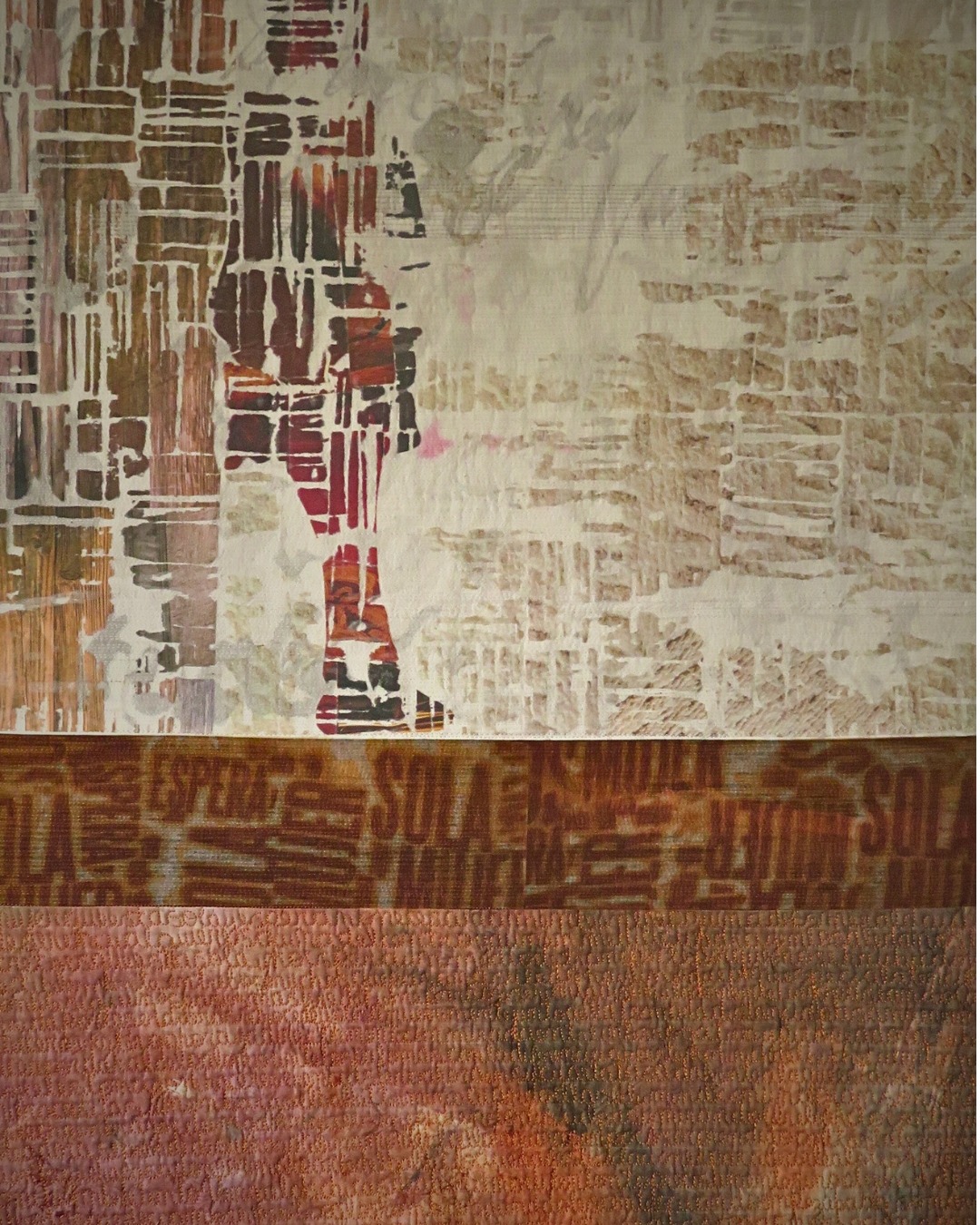 Abstract art of a figure with layered textures and words.