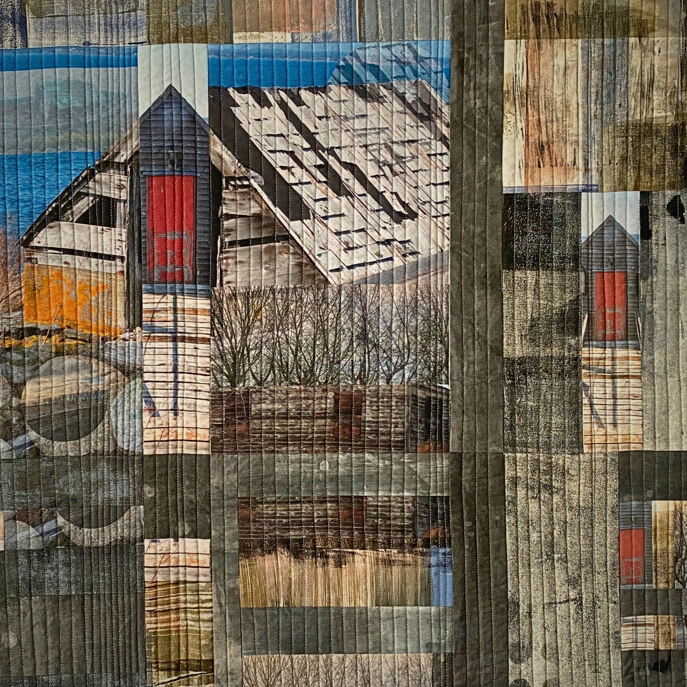 Textile Collage of coastal buildings and textures.