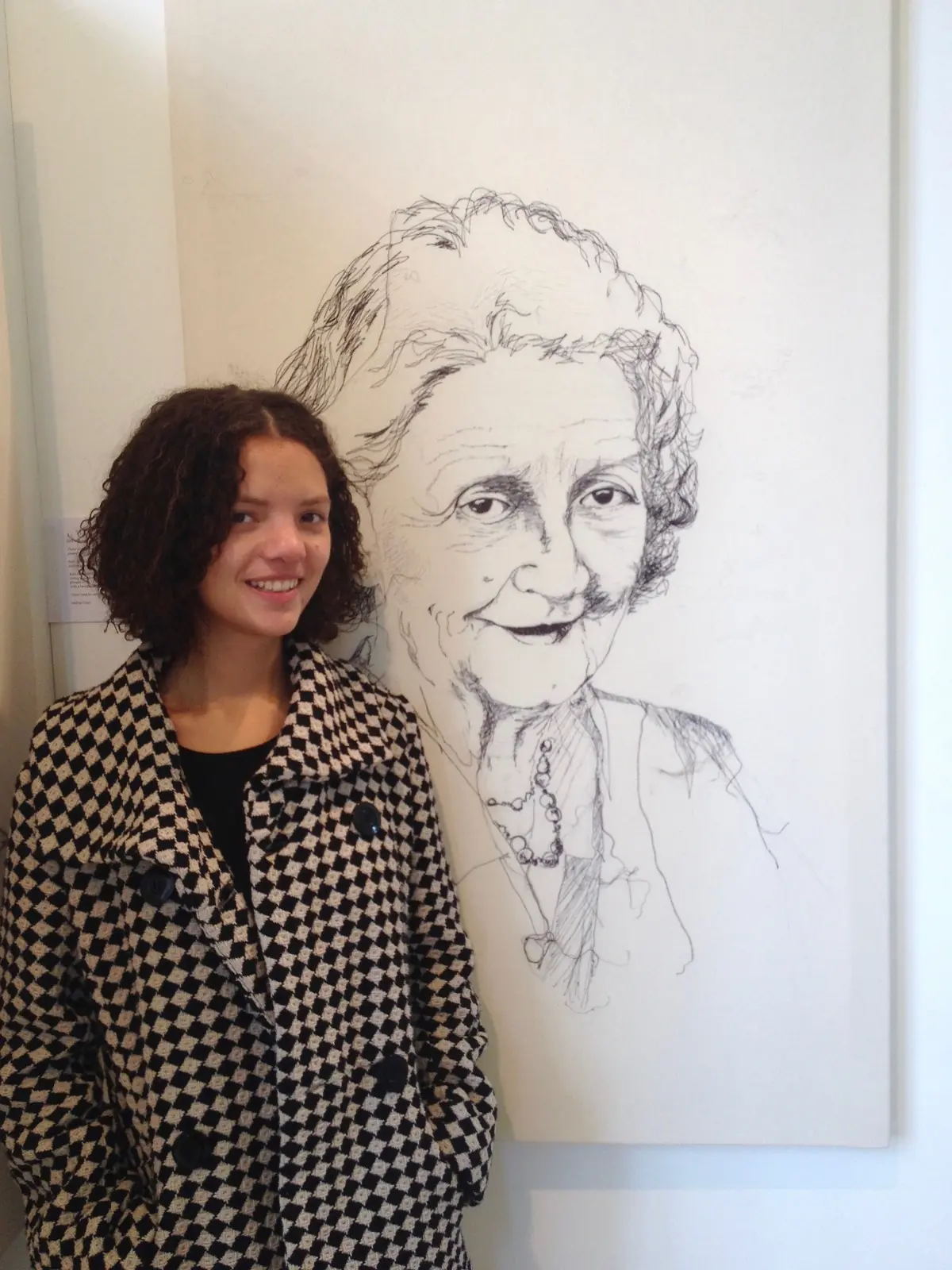 Andrea Cryer: 'Kath 88' with Hannah Grace, Andrea's daughter whose hair is stitched into 'Kath 18' - taken at The Pound Art Centre Gallery in Corsham, Wiltshire as part of 'The Cloth Road Arts Trail'