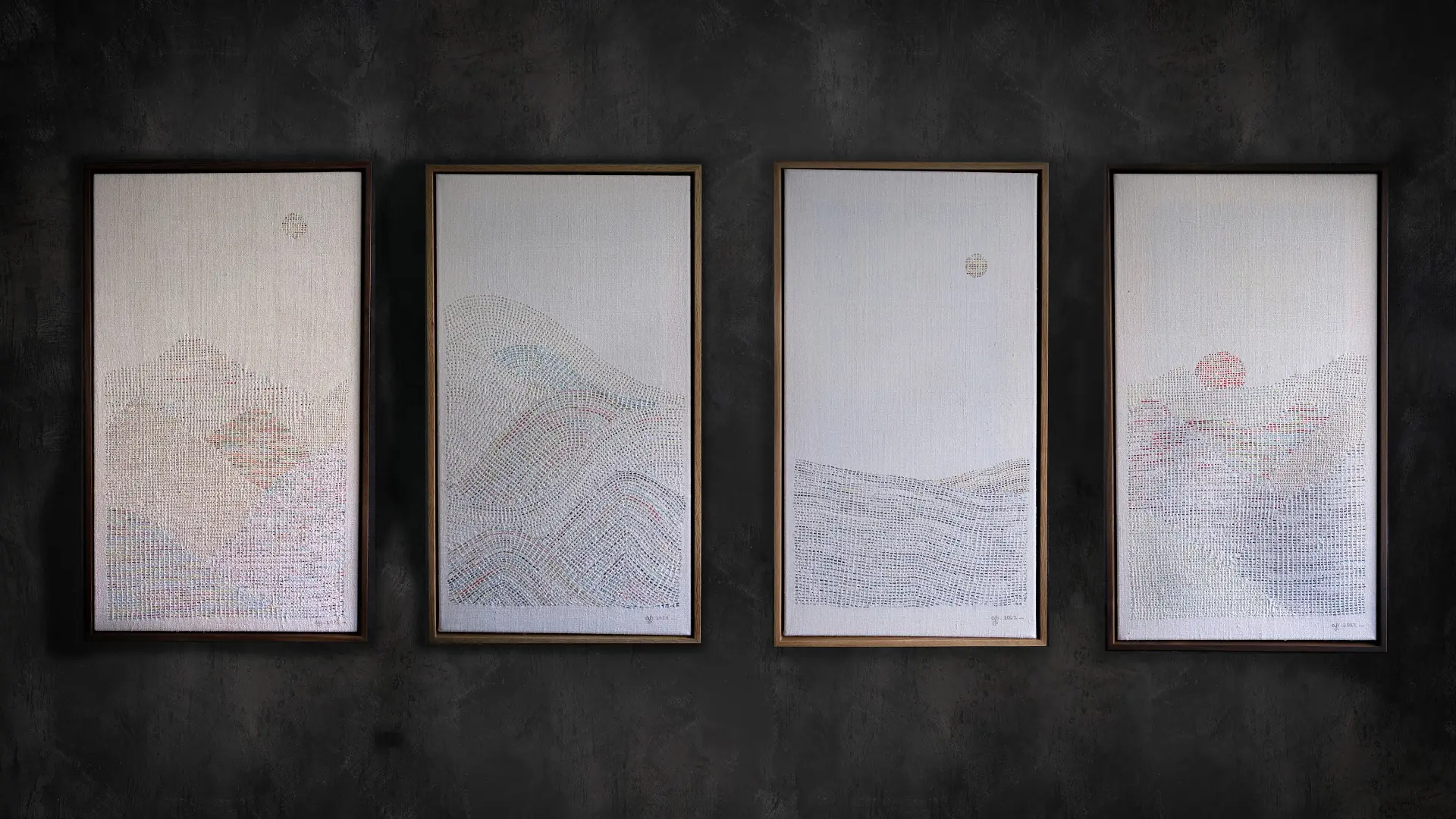Archana Pathak, Reimagined Landscape series, 2022. Four works, each sized 38cm x 68cm. Hand embroidery. Vintage linen/ hemp. Photo: Adele Annette 