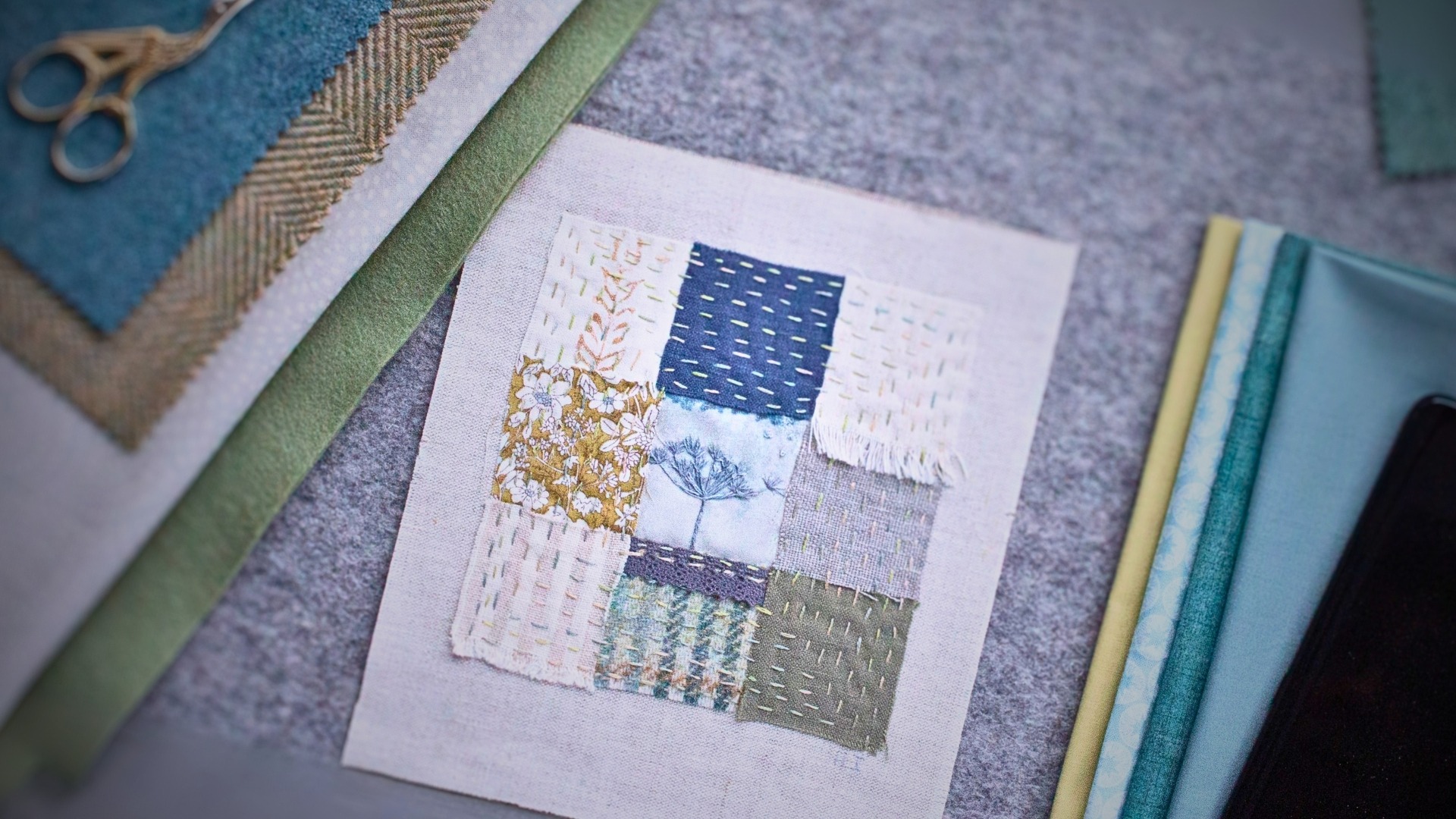 Artwork, smartphone and fabrics