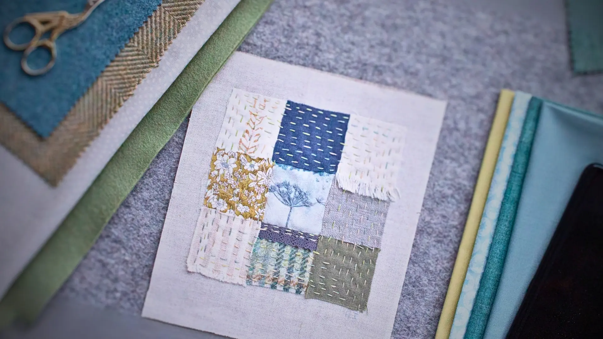 Artwork, smartphone and fabrics