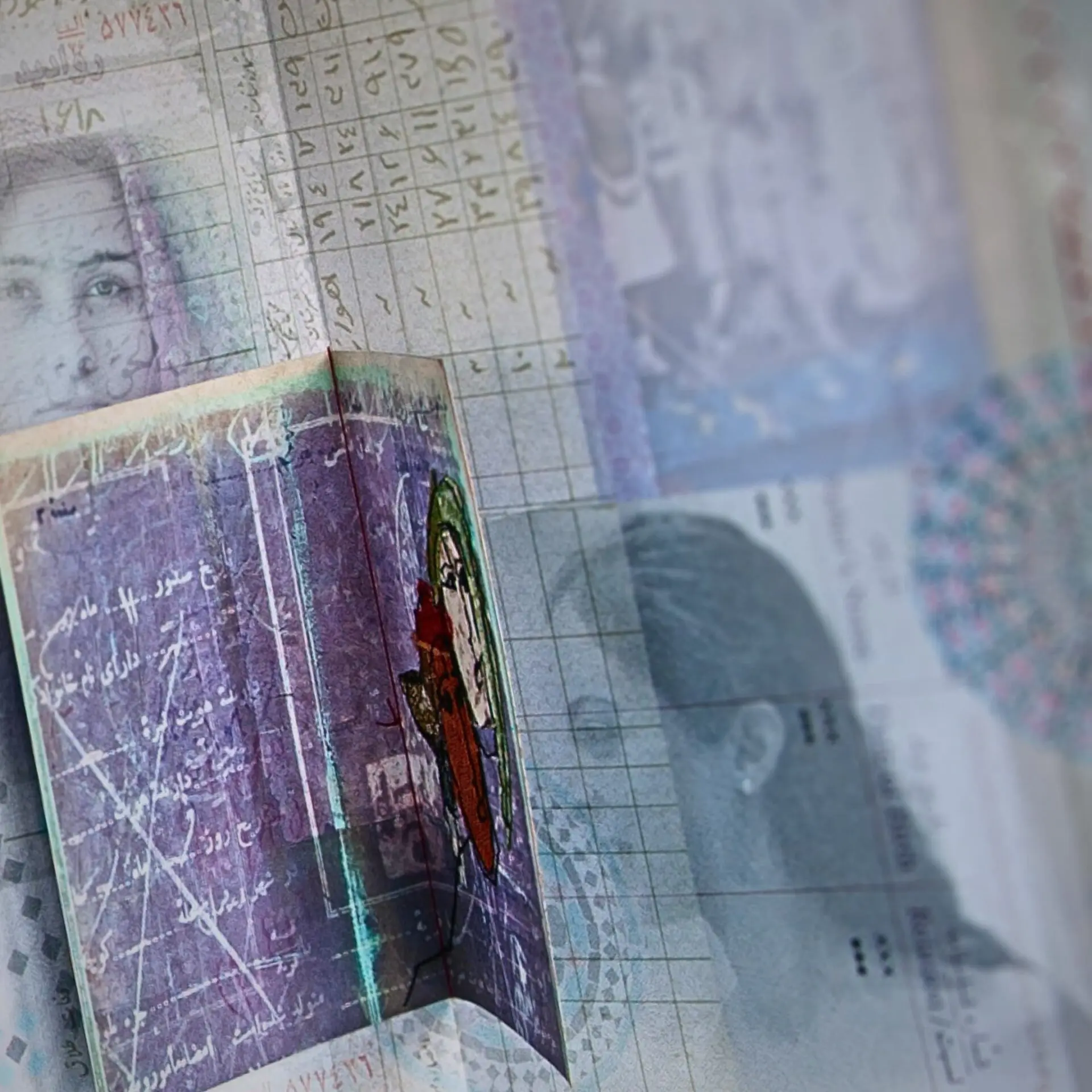 Open passport with layered documents.