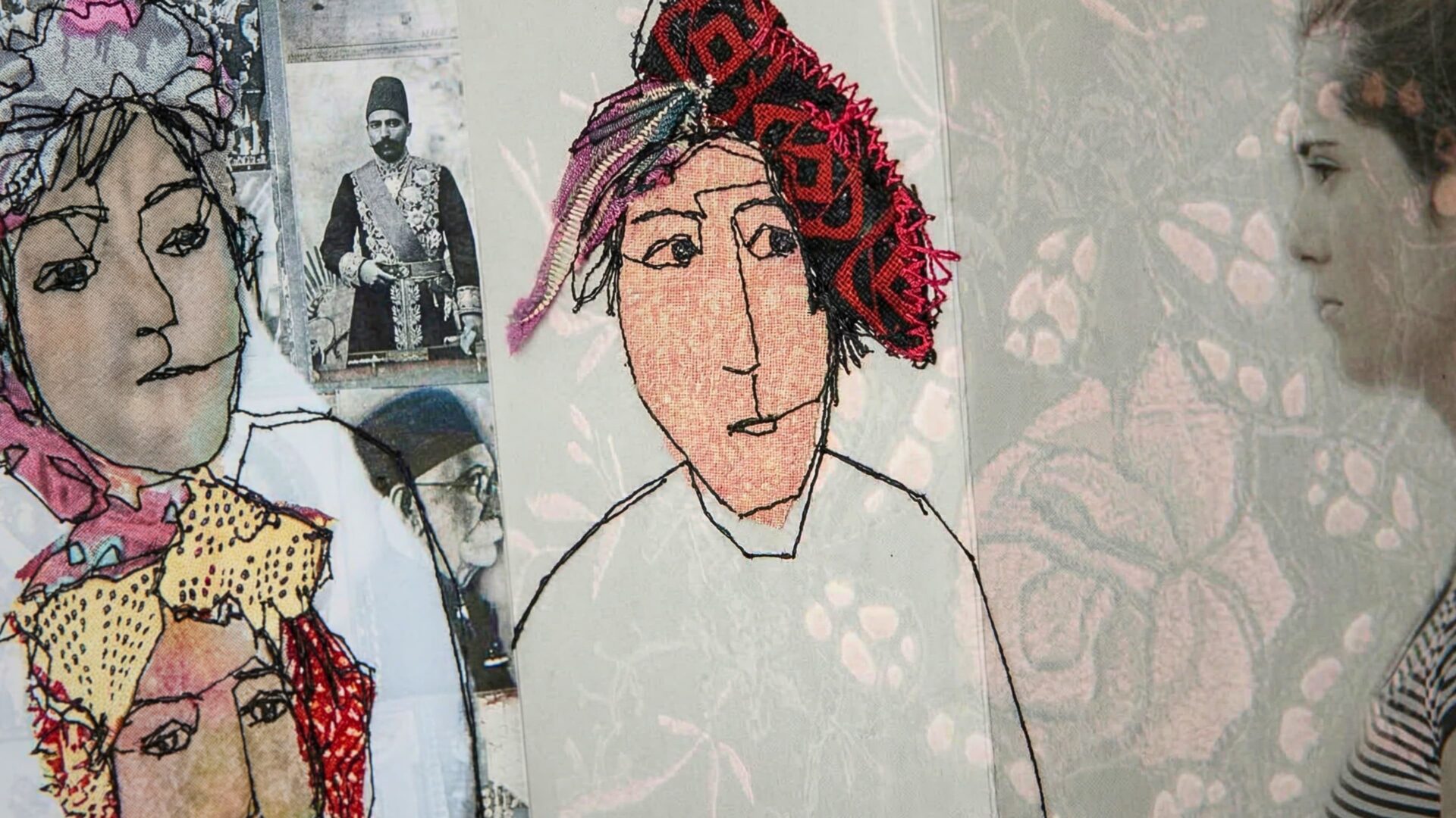 Embroidered portraits with historical photographs.