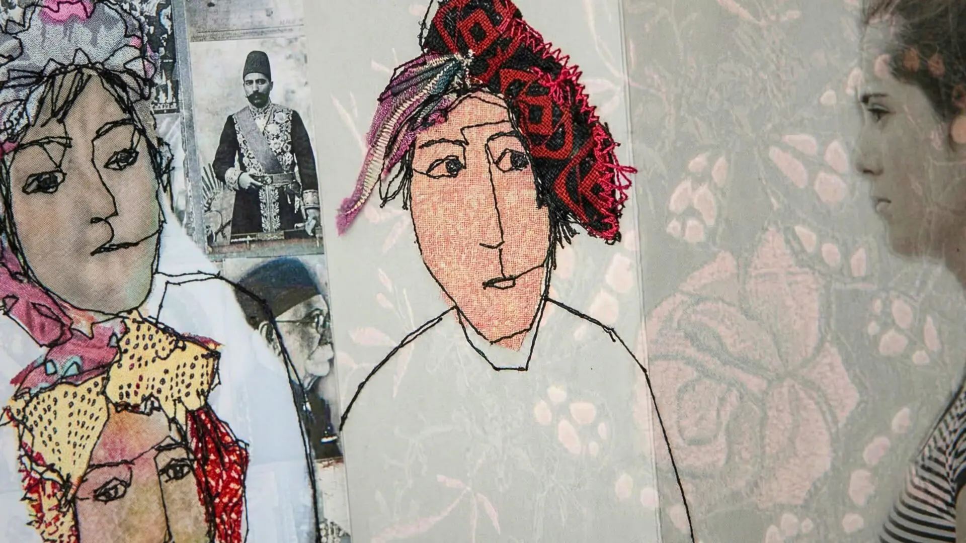 Embroidered portraits with historical photographs.