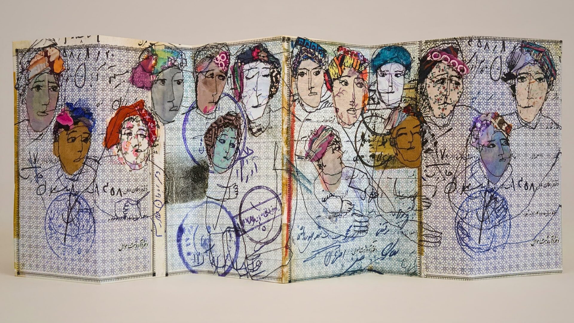 Artistic representation of diverse faces in a concertina book