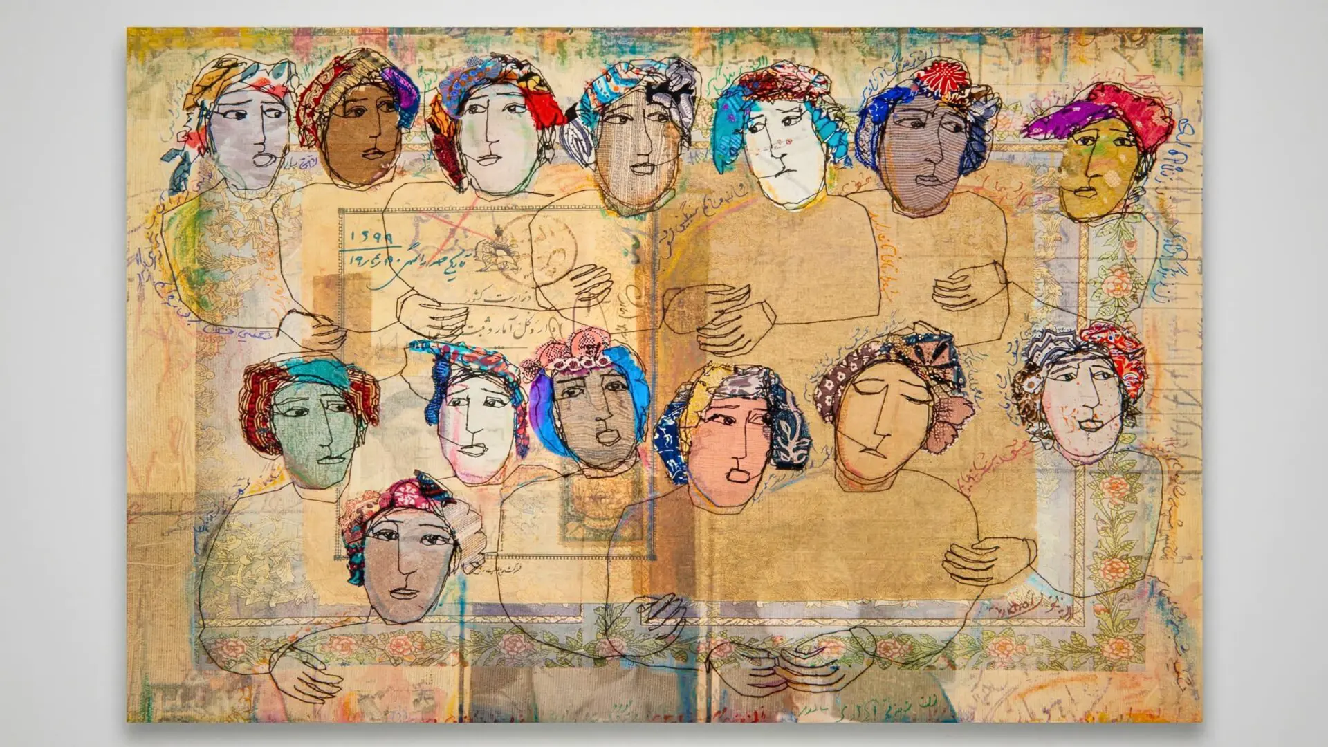 Colourful faces in a layered composition.