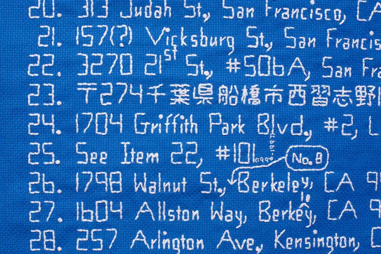 Bren Ahearn, Sampler #16 (Detail), 2015, 6022H X 4222W, Cross Stitch and Running Stitch and French Knots, Cotton, Photo by Miles Mattison