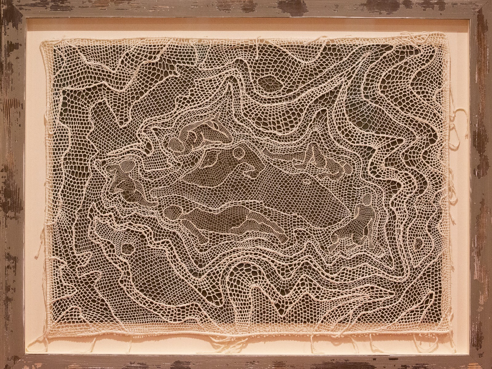 A close up of a lace textile art piece