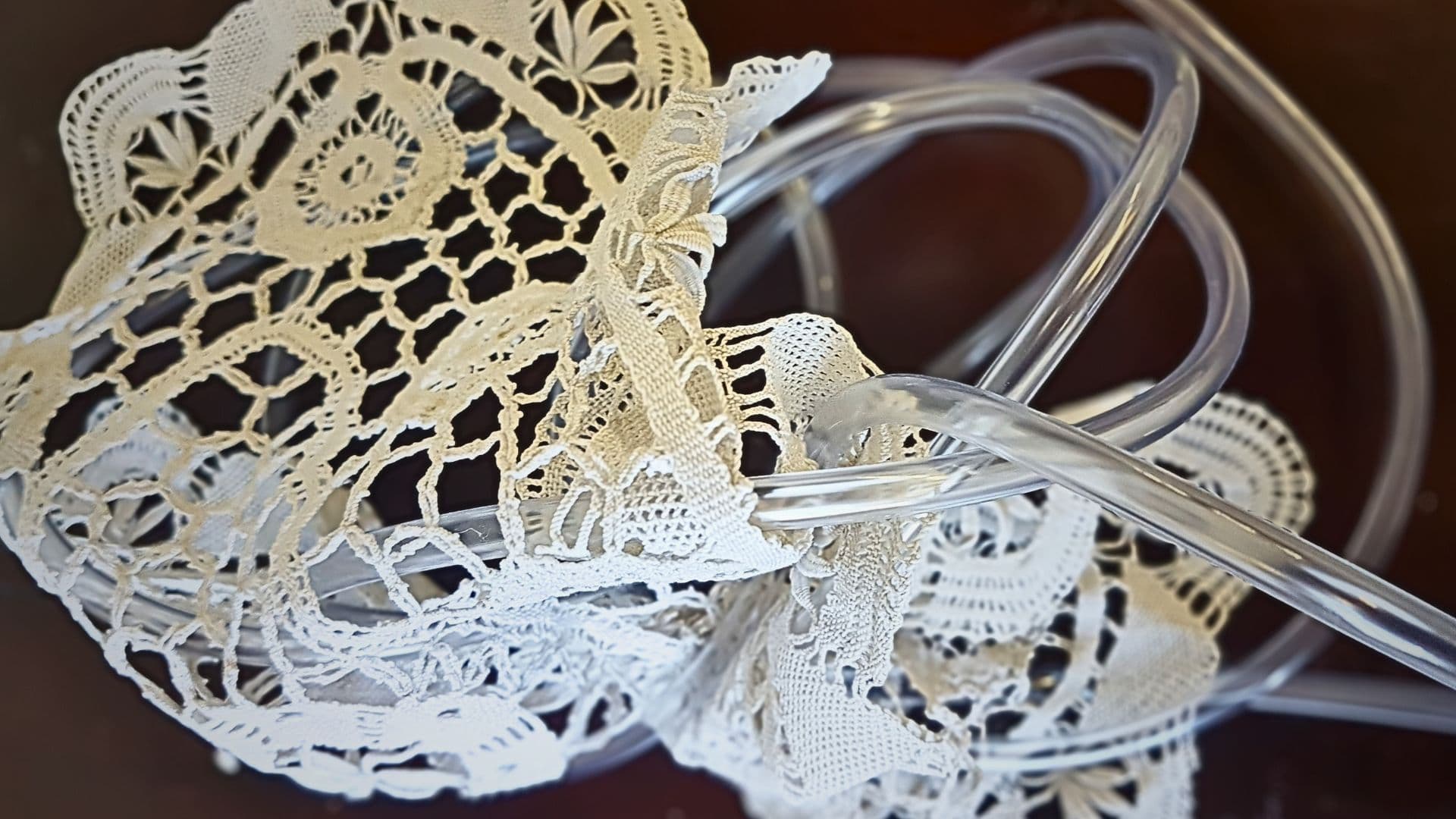 Artwork made ffrom lace and plastic tubing intertwined.
