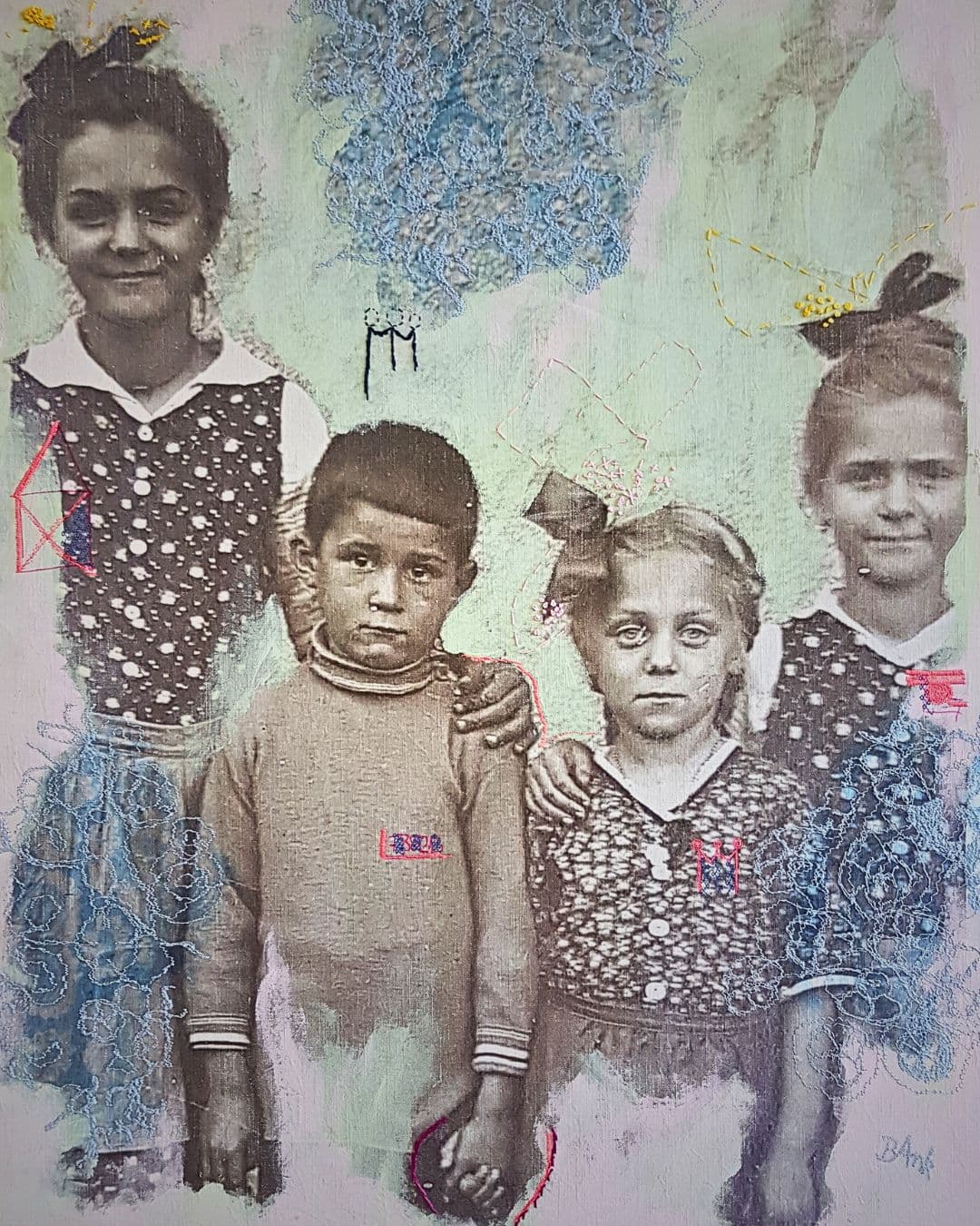 Digital print, painted & embroidered artwork of children.