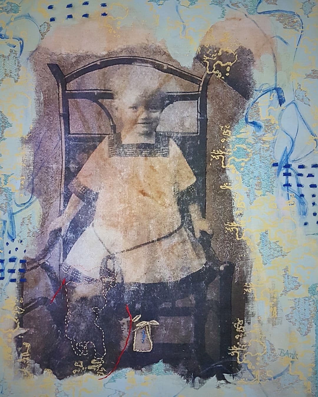 Digital print & textile artwork of a child seated on a wooden chair.