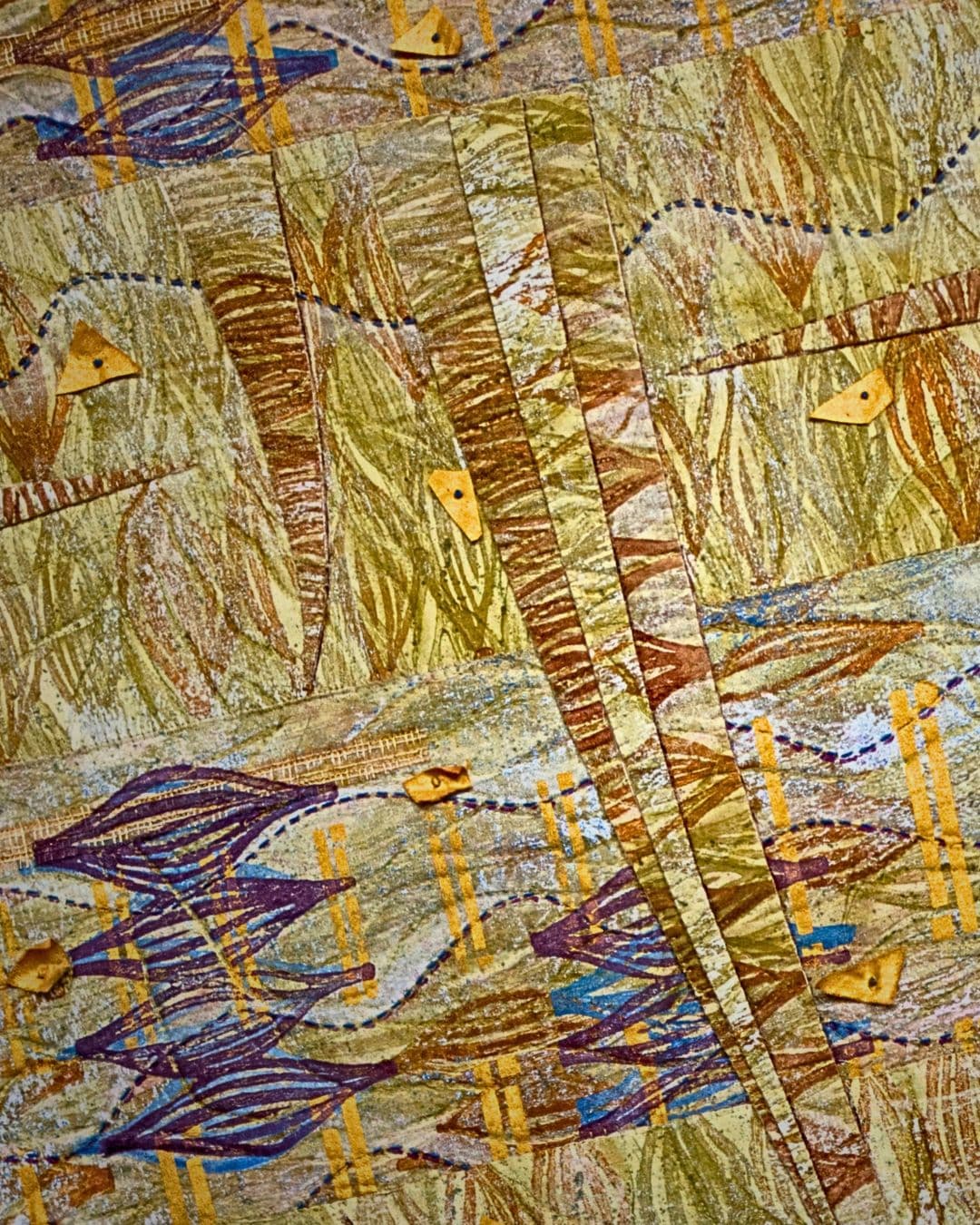 A collaboration of direct painting, monoprinting, stamping, machine stitch and hand stitch.