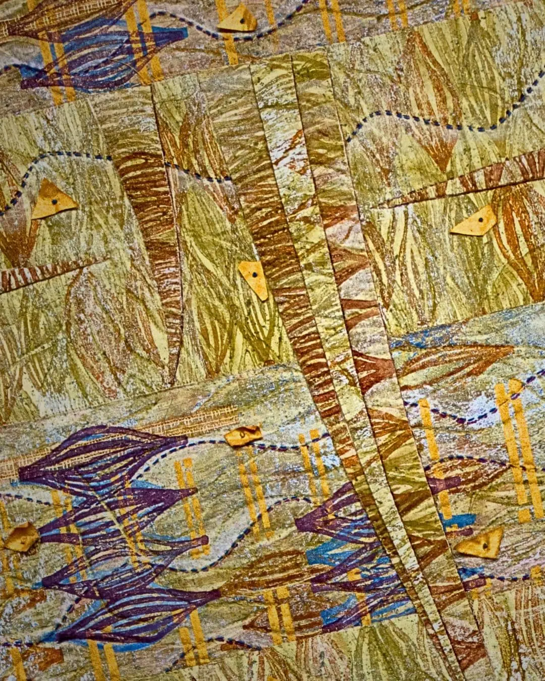 A collaboration of direct painting, monoprinting, stamping, machine stitch and hand stitch.