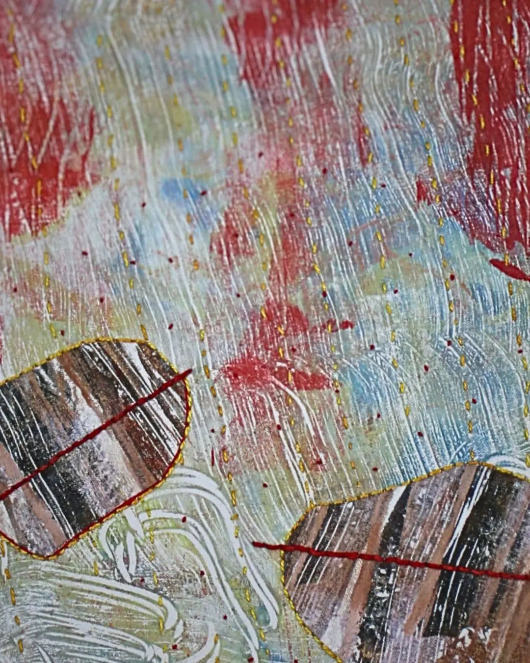Behind a waterfall made with monoprinting, direct painting, collage & hand stitch. 