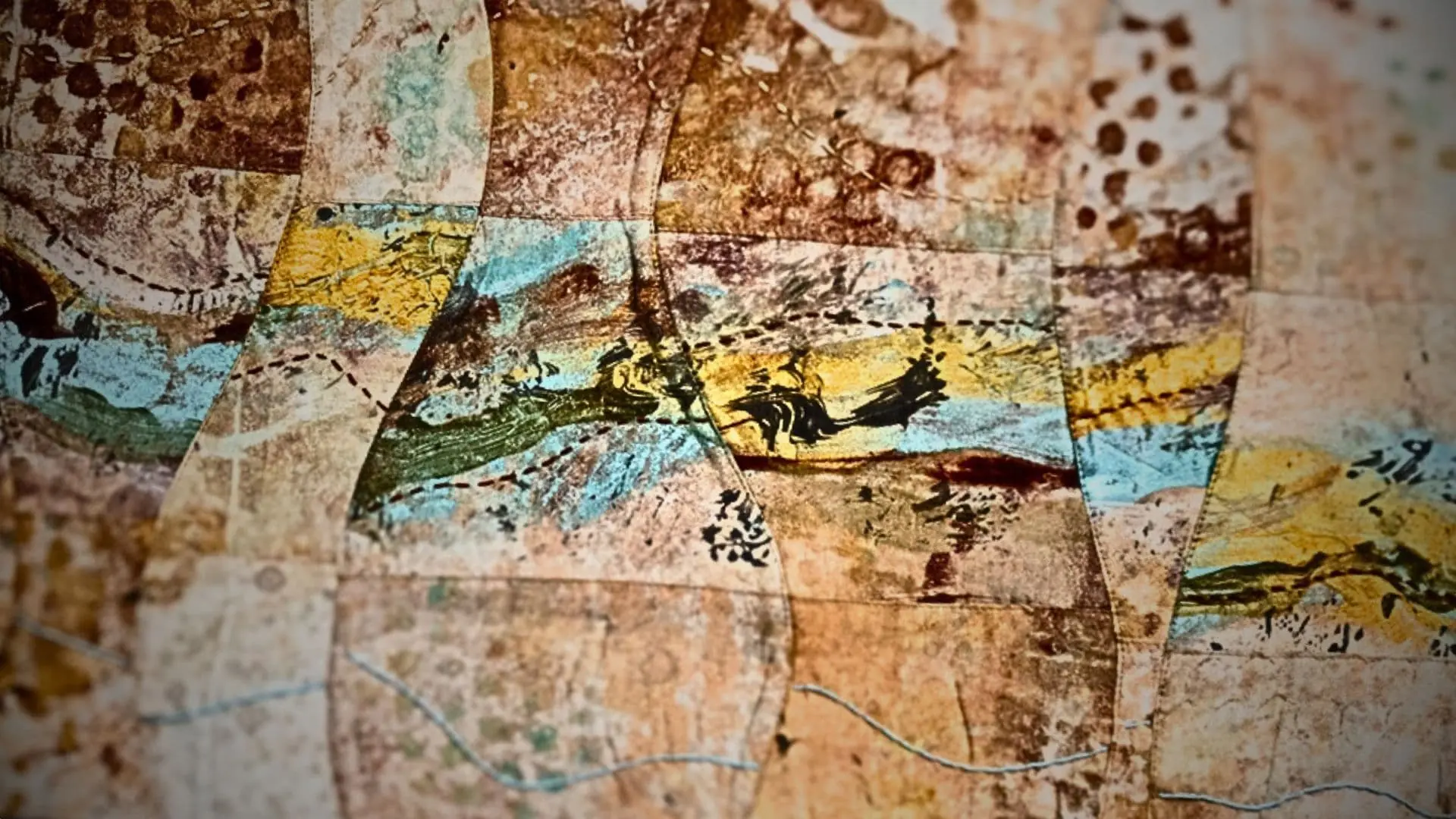 Monoprinting, direct painting, machine piecing, hand stitch. Fabric, textile paint, acryli