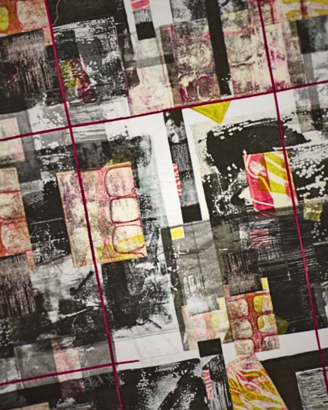A close up of fading memories made using monoprinting, collage & machine stitch techniques.