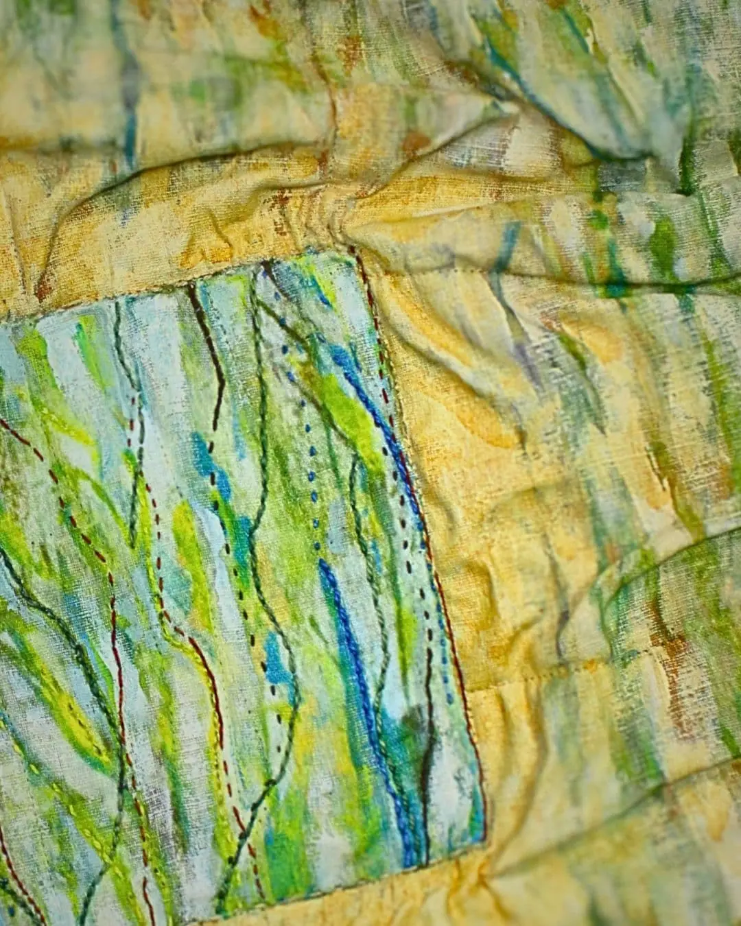 Image of Grasslands, created with monoprinting, direct painting & hand stitch.