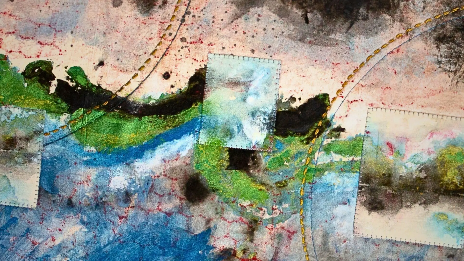 A close up of direct painting, monoprinting, collage, machine stitch and hand stitch.