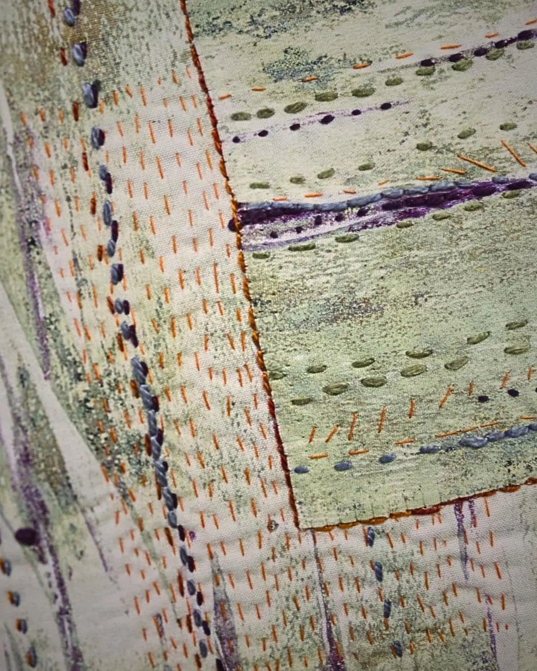 Artwork made with a combination of Monoprinting, direct painting, collage & hand stitch.