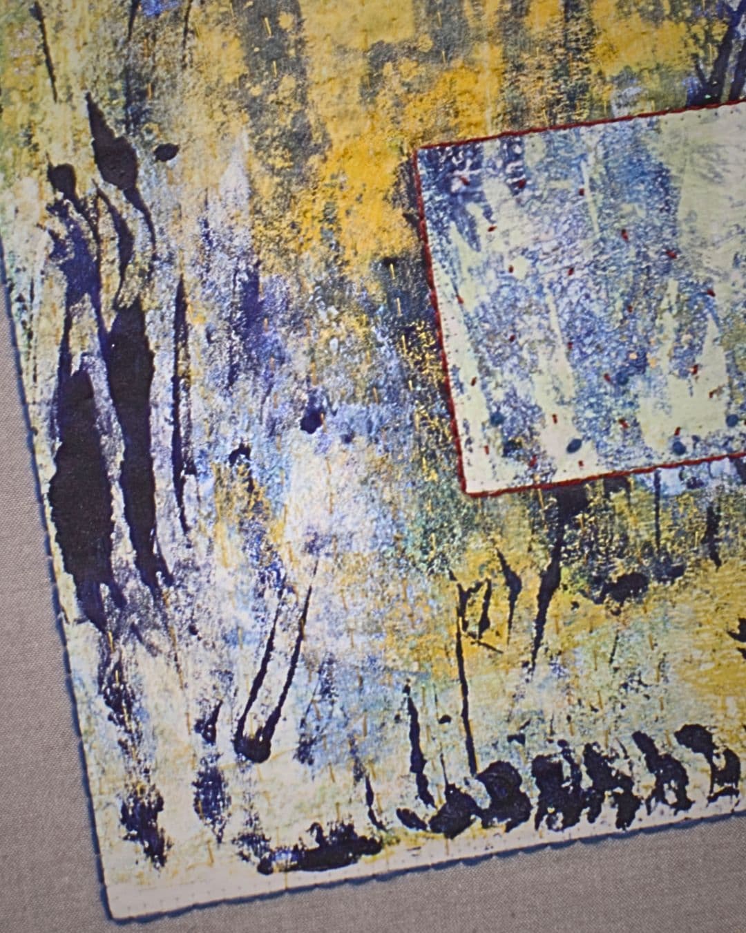 Blue and yellow monoprinting, direct painting, collage & hand stitch.