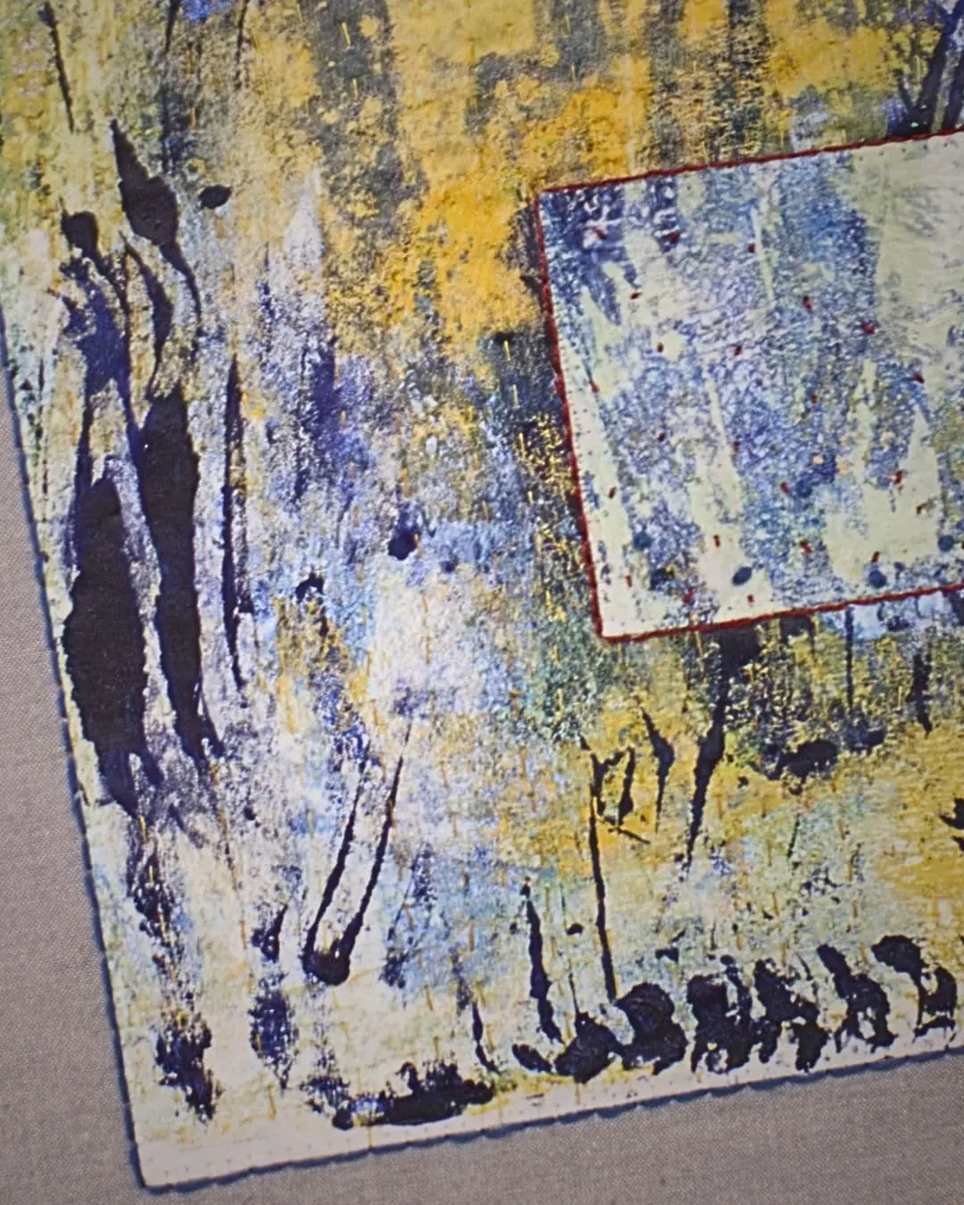Blue and yellow monoprinting, direct painting, collage & hand stitch.