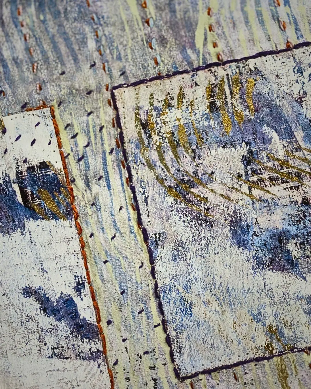 Monoprinting, direct painting, collage, hand stitch