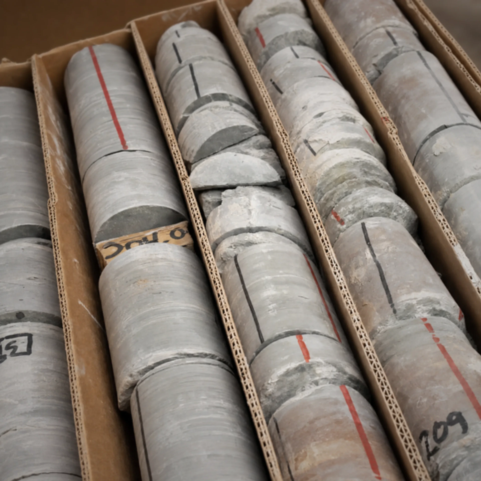 Core samples arranged in cardboard boxes.