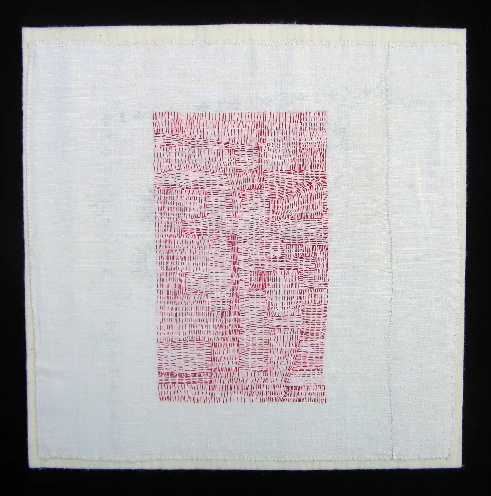 Christine Mauersberger: Redland II, 2009, Vintage linen fabric (marked for embroidery), red embroidery floss, mounted on 3/4" wool felt, hand-stitched
