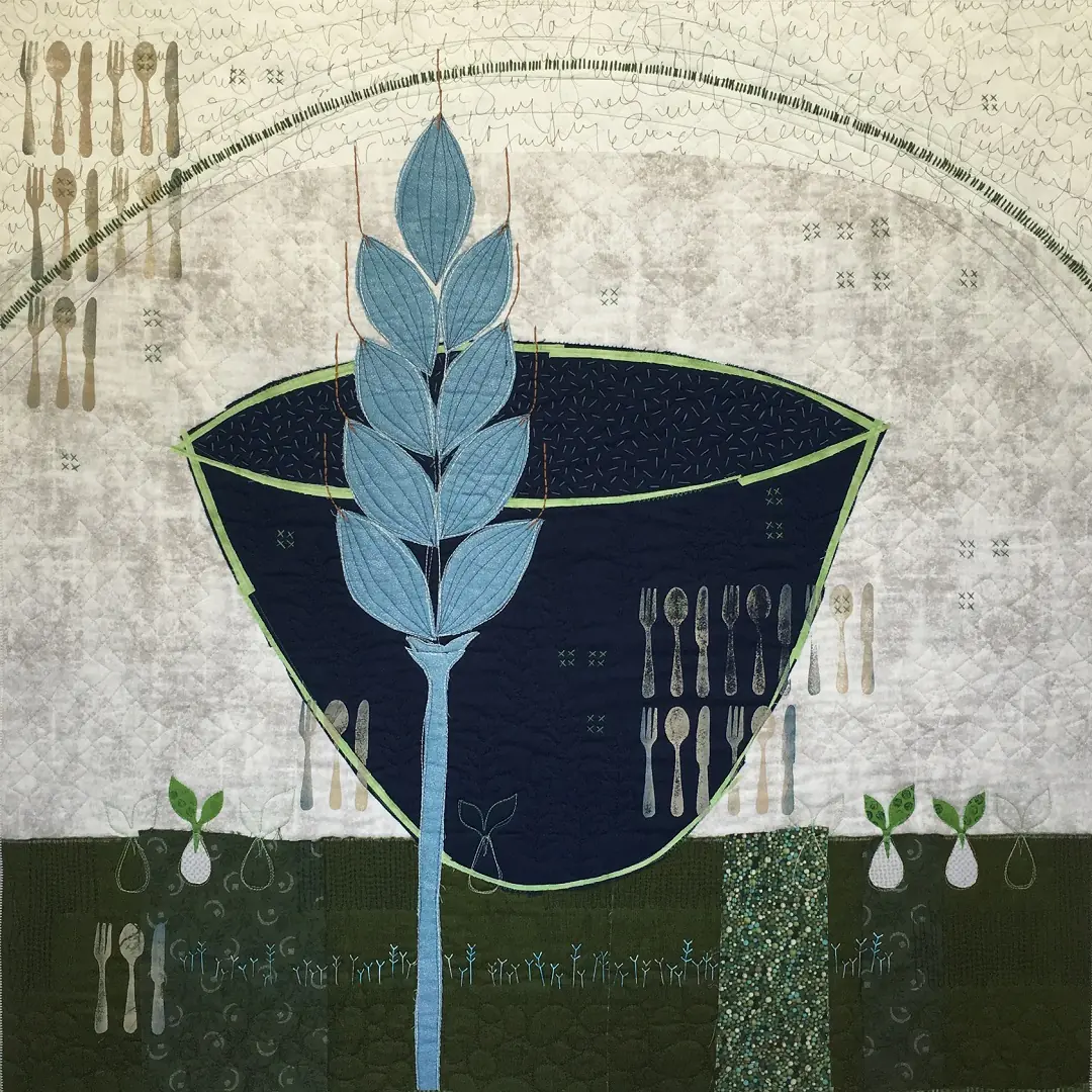 Abstract textile art piece with a bowl and blade of corn