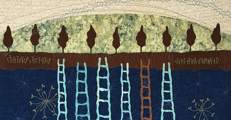 Abstract textile art piece with ladders and tree motifs