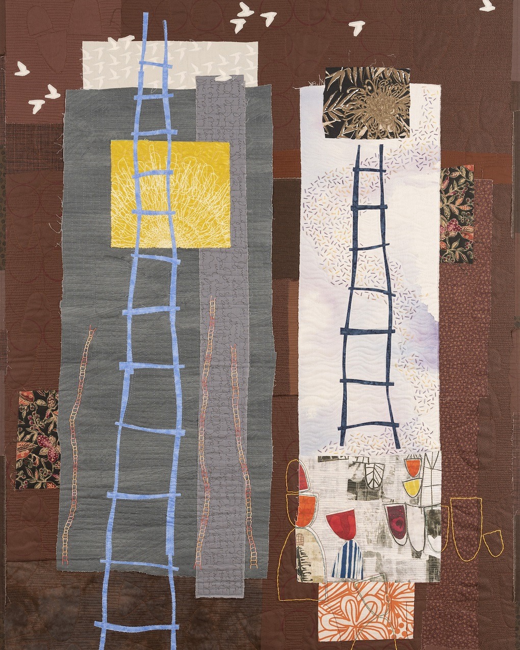 Textile art piece, abstract with ladders and flower patterns