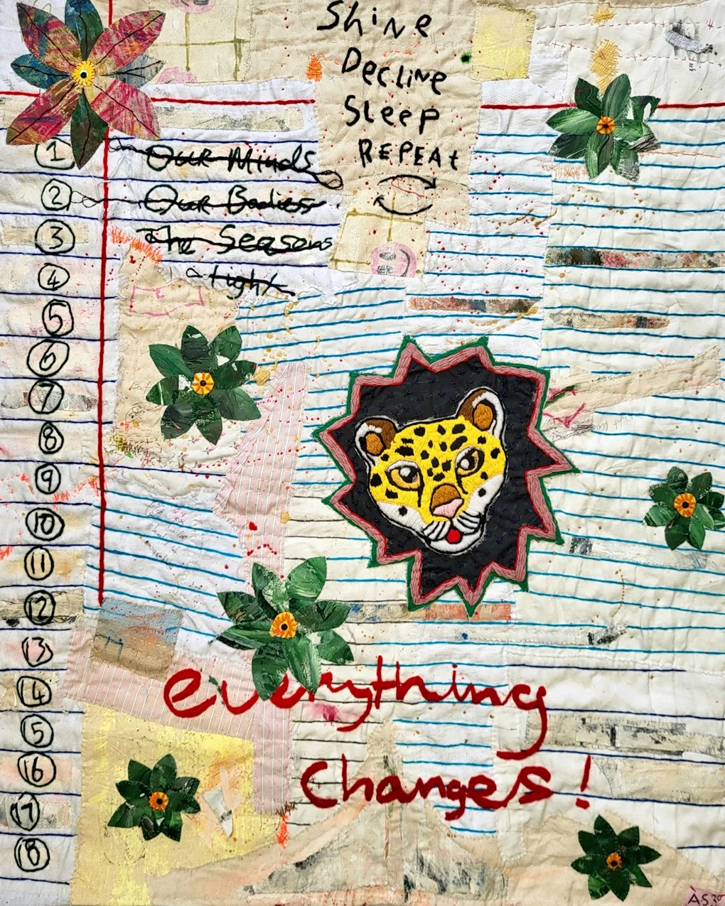 Anthony Stevens, Said the Leopard, 2024. 88cm x 71cm (35" x 28"). Hand embroidery, appliqué, hand stitching. Mixed textiles, mixed threads, acrylic paint, oil pastel, beads, sequins, felt.