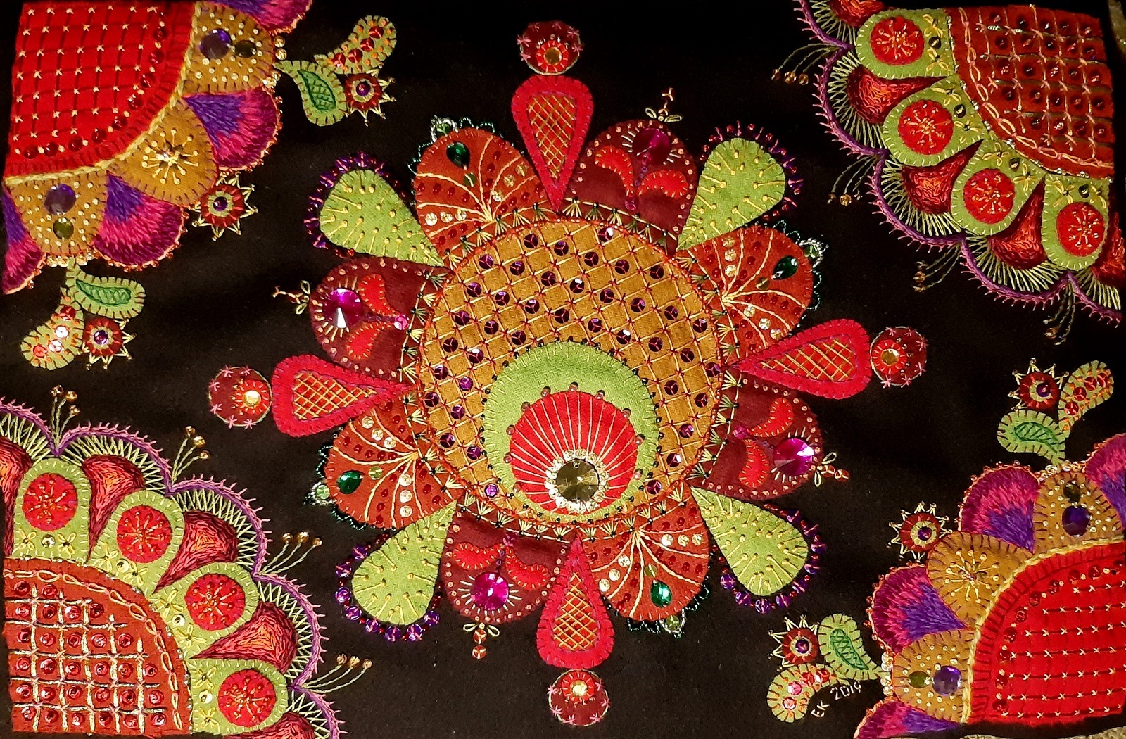 Eva Kitok: Pillow wool embroidery, 2019, 50 x 53 cm, Hand embroidery on woollen fabric