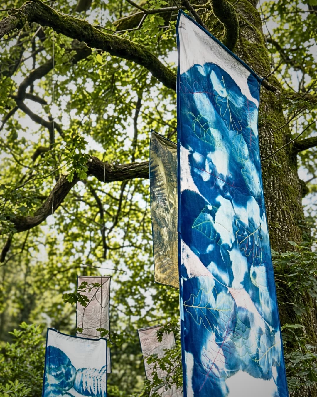 Textiles hanging among lush greenery