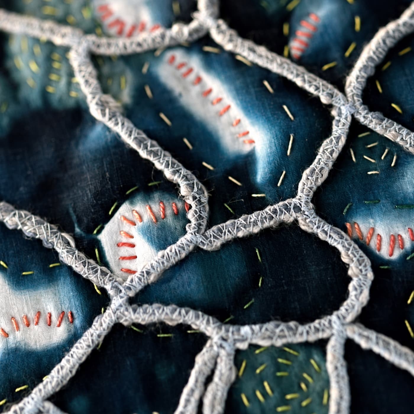 Intricate textile pattern with stitching details.