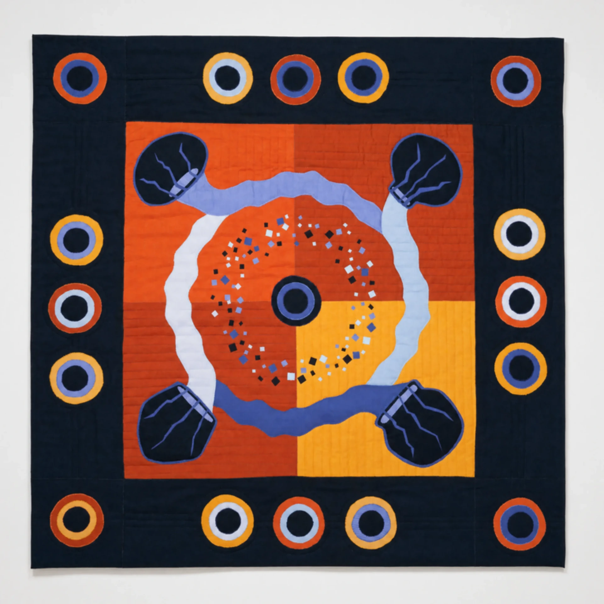Colourful geometric quilt with circular patterns.
