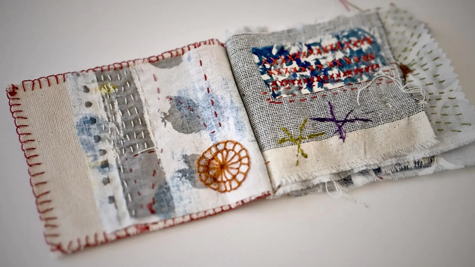 Textile art with colourful embroidery details.