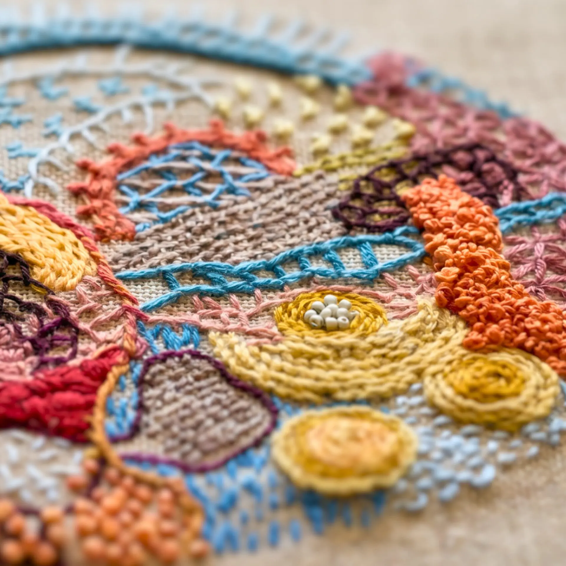 Colourful abstract embroidery with textures.