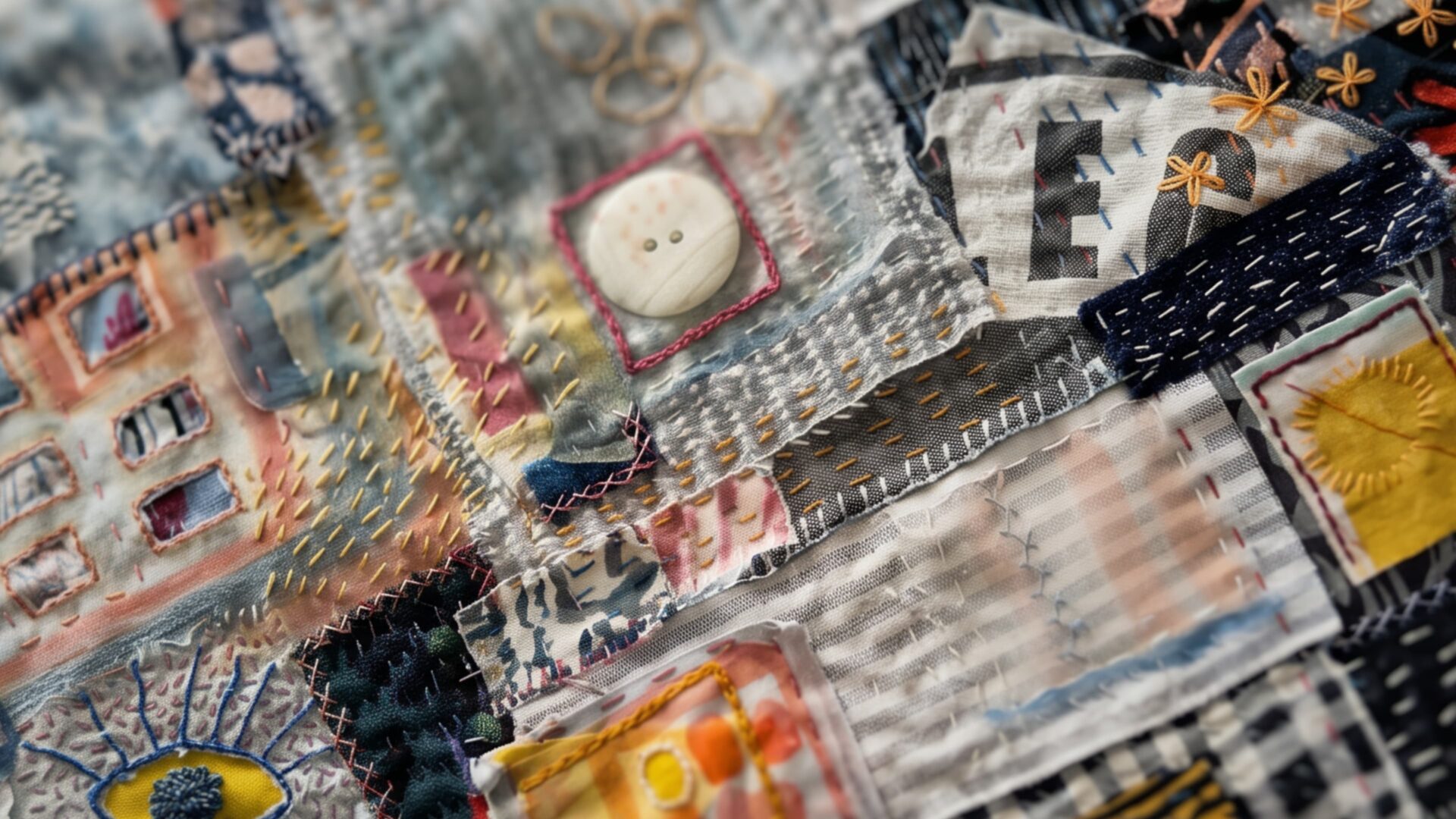 Colourful patchwork with intricate stitching.