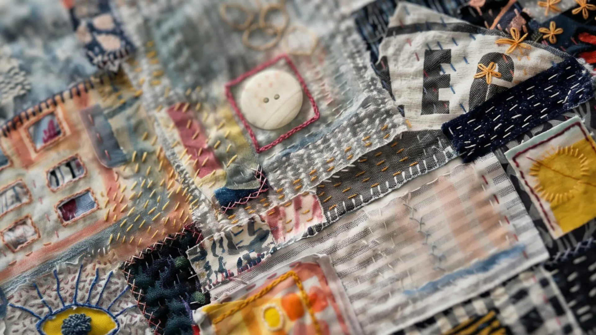 Colourful patchwork with intricate stitching.