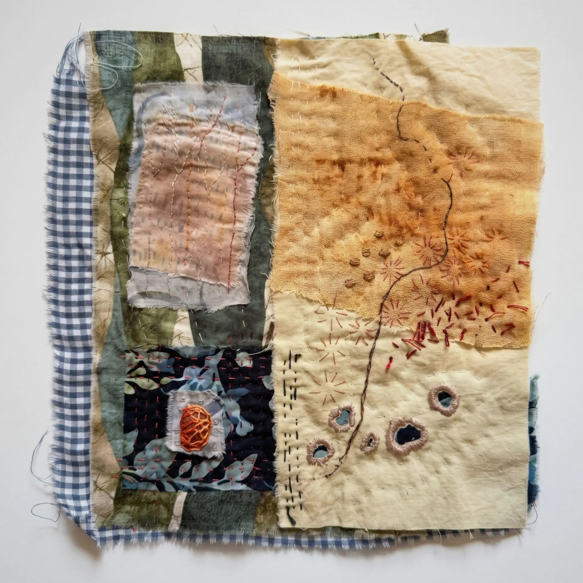 Textured patchwork quilt with embroidery.