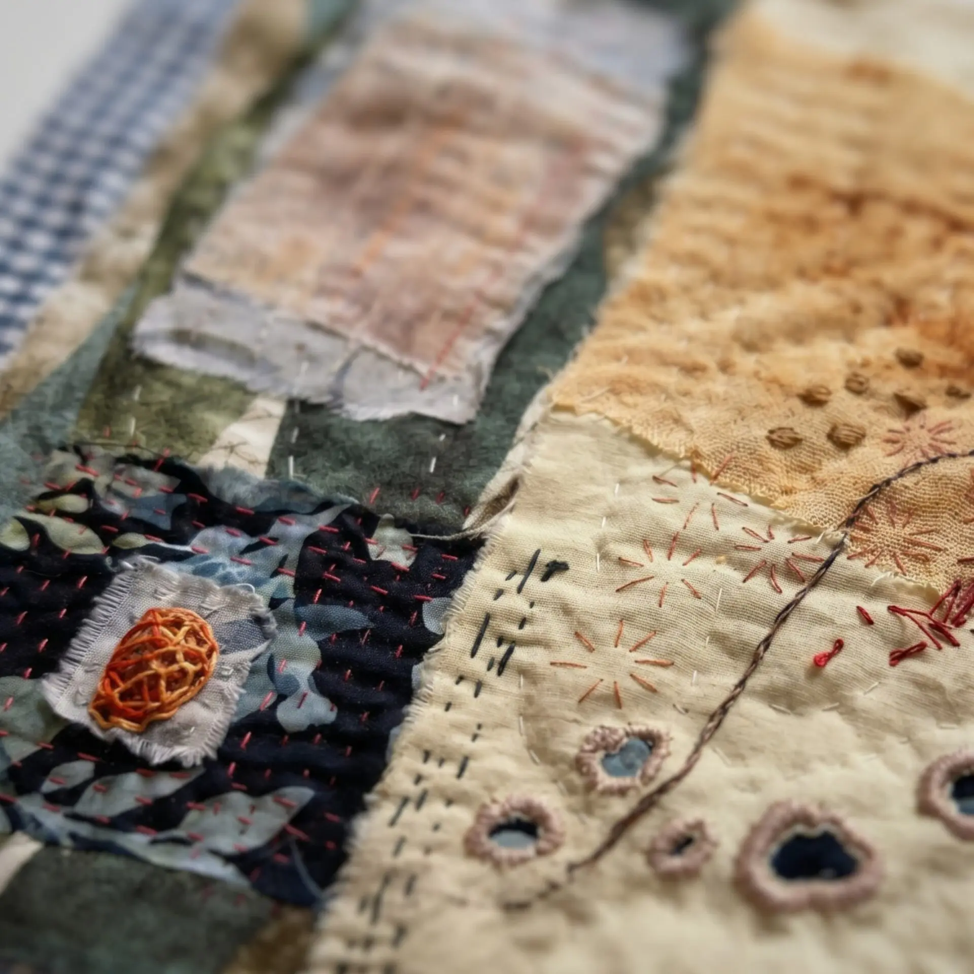 Textured fabric patchwork with embroidery