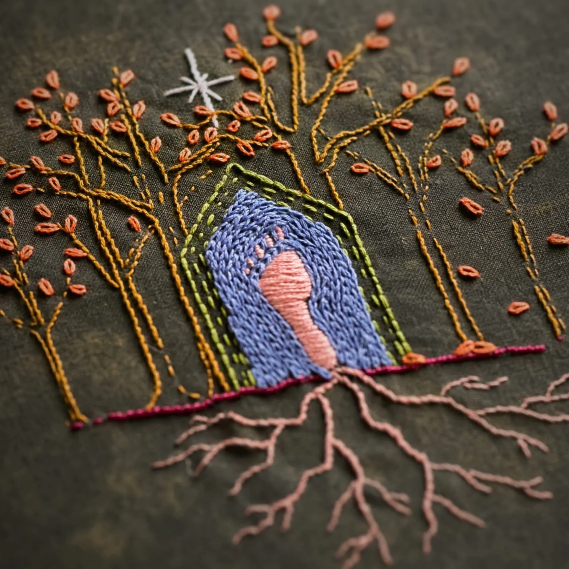 Embroidered scene of trees and roots.